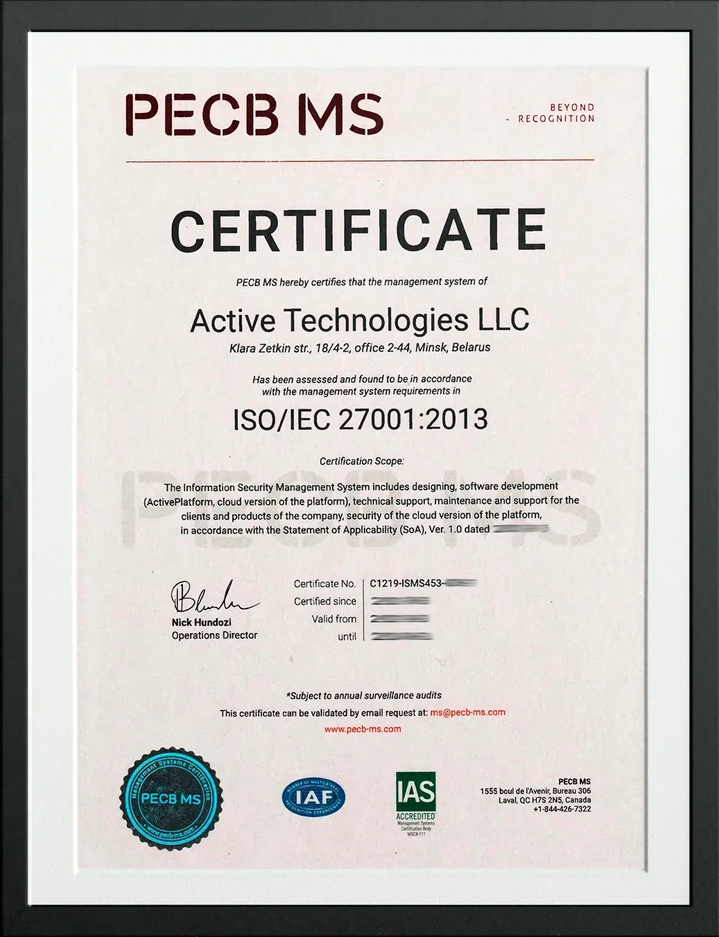 9Active Technologies ISO 27001